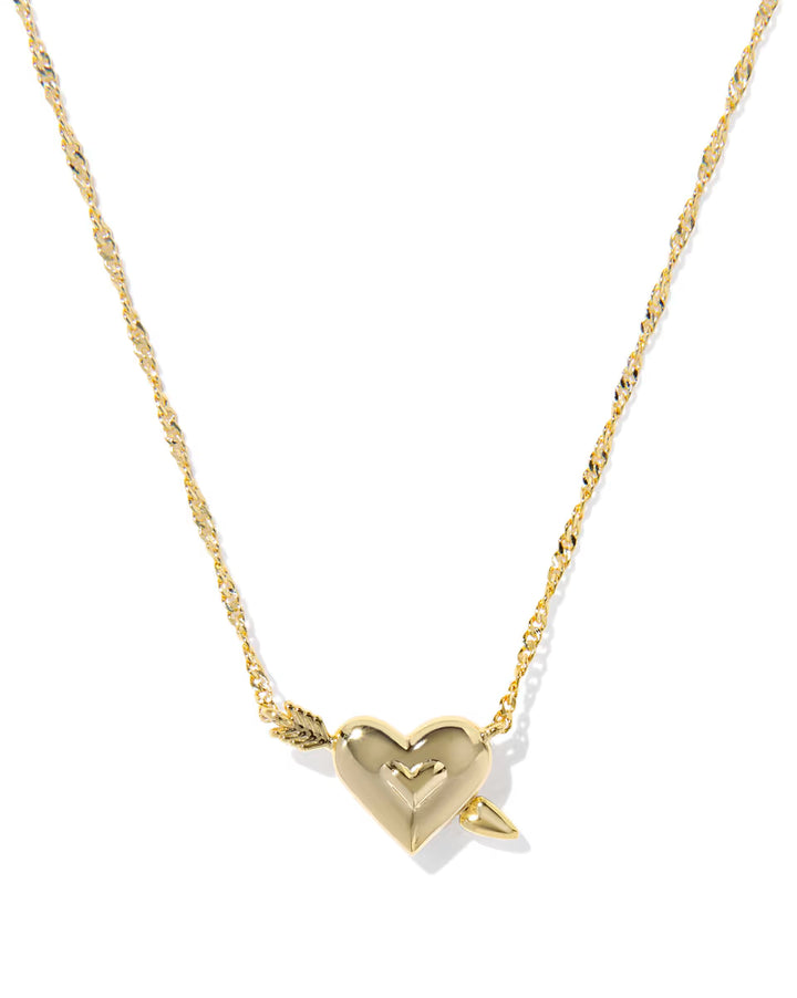 ARI HEART ARROW SHORT PENDANT NECKLACE, GOLD PINK OPALESCENT RESIN