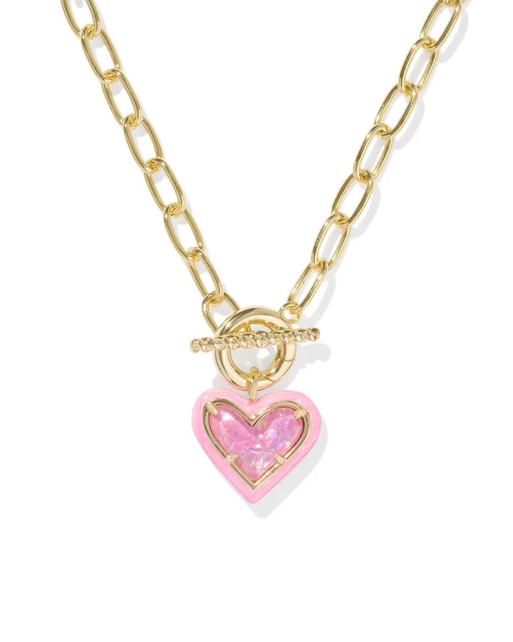 ARI HEART ENAMEL FRAME LINK AND CHAIN NECKLACE, GOLD PINK IRIDESCENT GLITTER GLASS