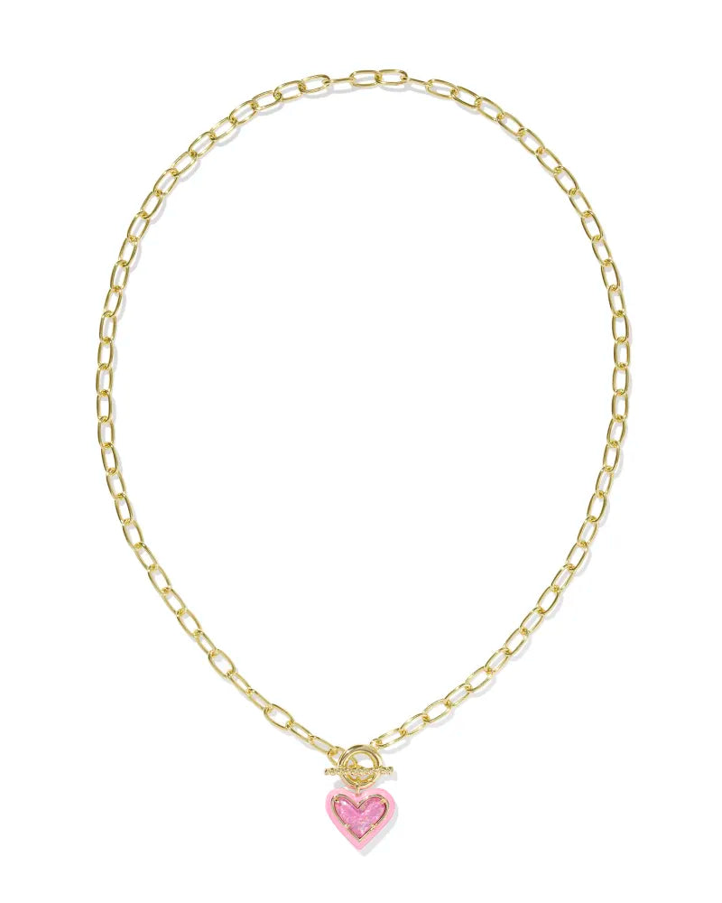 ARI HEART ENAMEL FRAME LINK AND CHAIN NECKLACE, GOLD PINK IRIDESCENT GLITTER GLASS