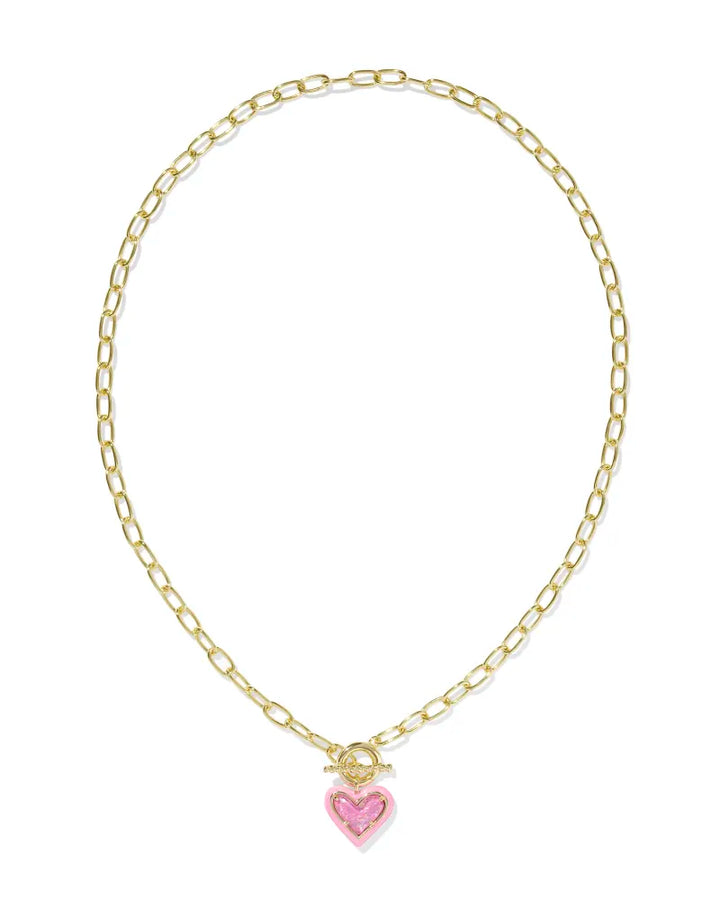 ARI HEART ENAMEL FRAME LINK AND CHAIN NECKLACE, GOLD PINK IRIDESCENT GLITTER GLASS