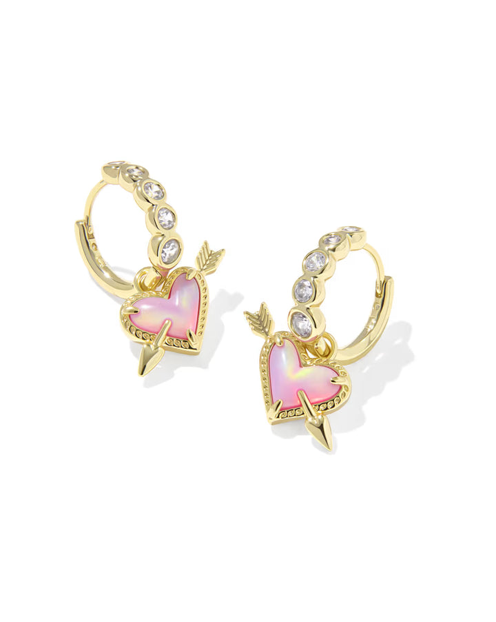 Gold hoop earrings with pink heart and arrow design on a white background