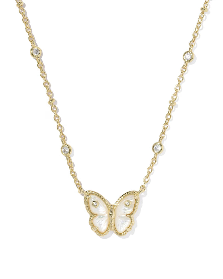 CAILEY BUTTERFLY SHORT PENDANT NECKLACE, GOLD IVORY MOTHER OF PEARL