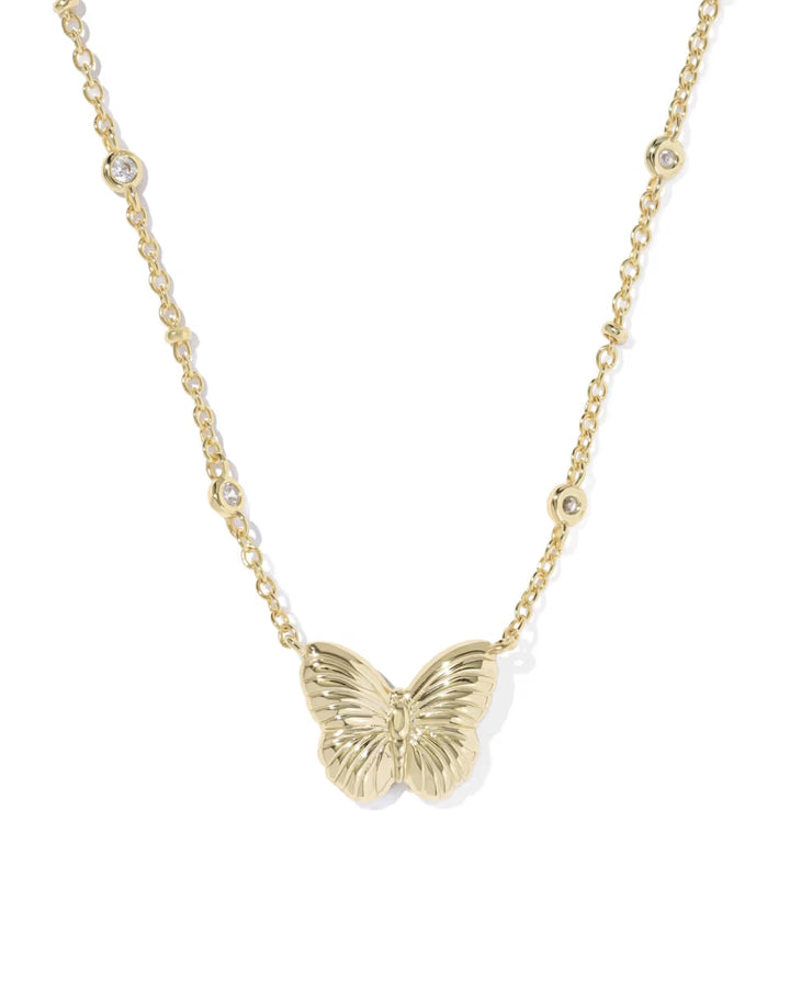 CAILEY BUTTERFLY SHORT PENDANT NECKLACE, GOLD PINK OPALESCENT RESIN