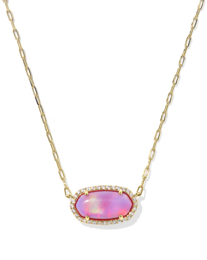 ELISA PAVE FRAME SHORT PENDANT NECKLACE, GOLD PINK OPALESCENT RESIN