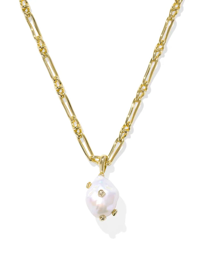 MELODY SMALL LONG PENDANT NECKLACE, GOLD WHITE PEARL