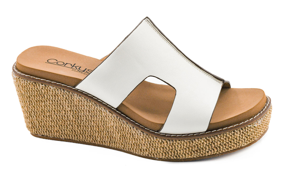 White platform wedge slide sandals with woven raffia-style wedge sole and modern cutout upper | Walker Boutique