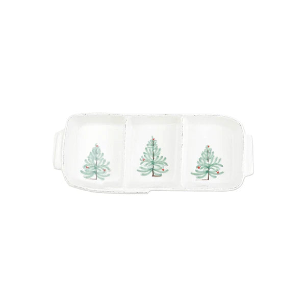 Three-section container with Christmas tree designs on a white background