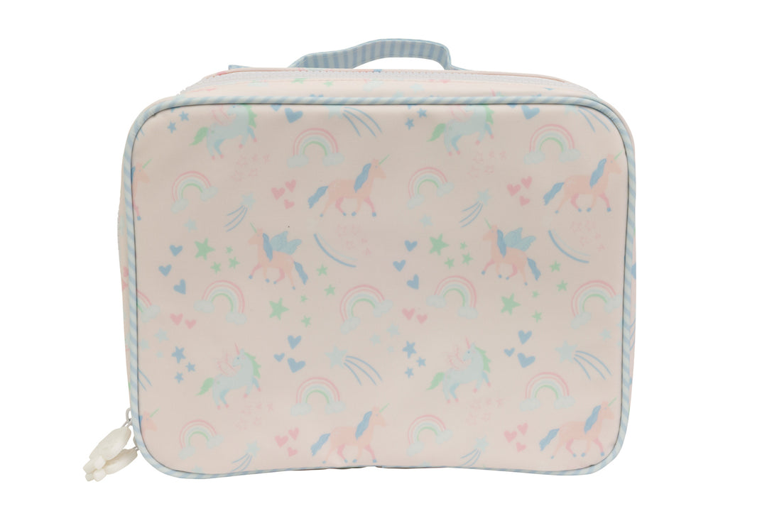 PINK LUNCH BOX BAG WITH UNICORN PRINT ALL OVER AND BLUE STRAPS ON WHITE BACKGROUND
