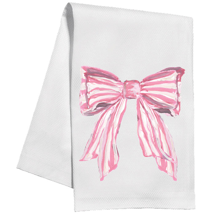 White towel with a pink bow design on a white background