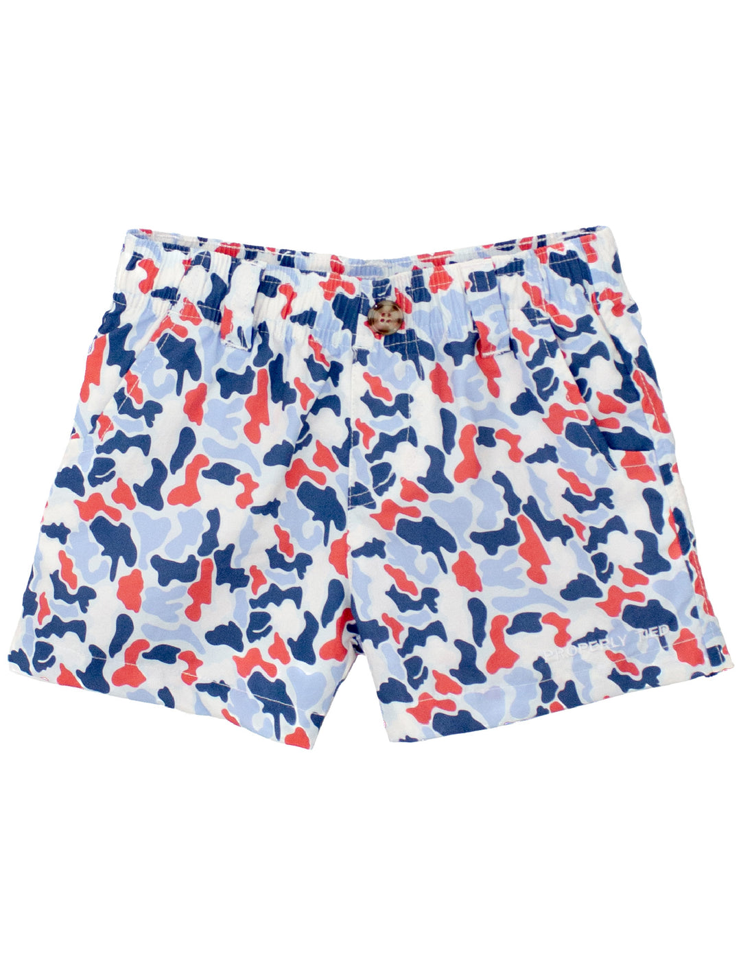 RED WHITE AND BLUE CAMO BOYS SWIM SHORTS ON WHITE BACKGROUND