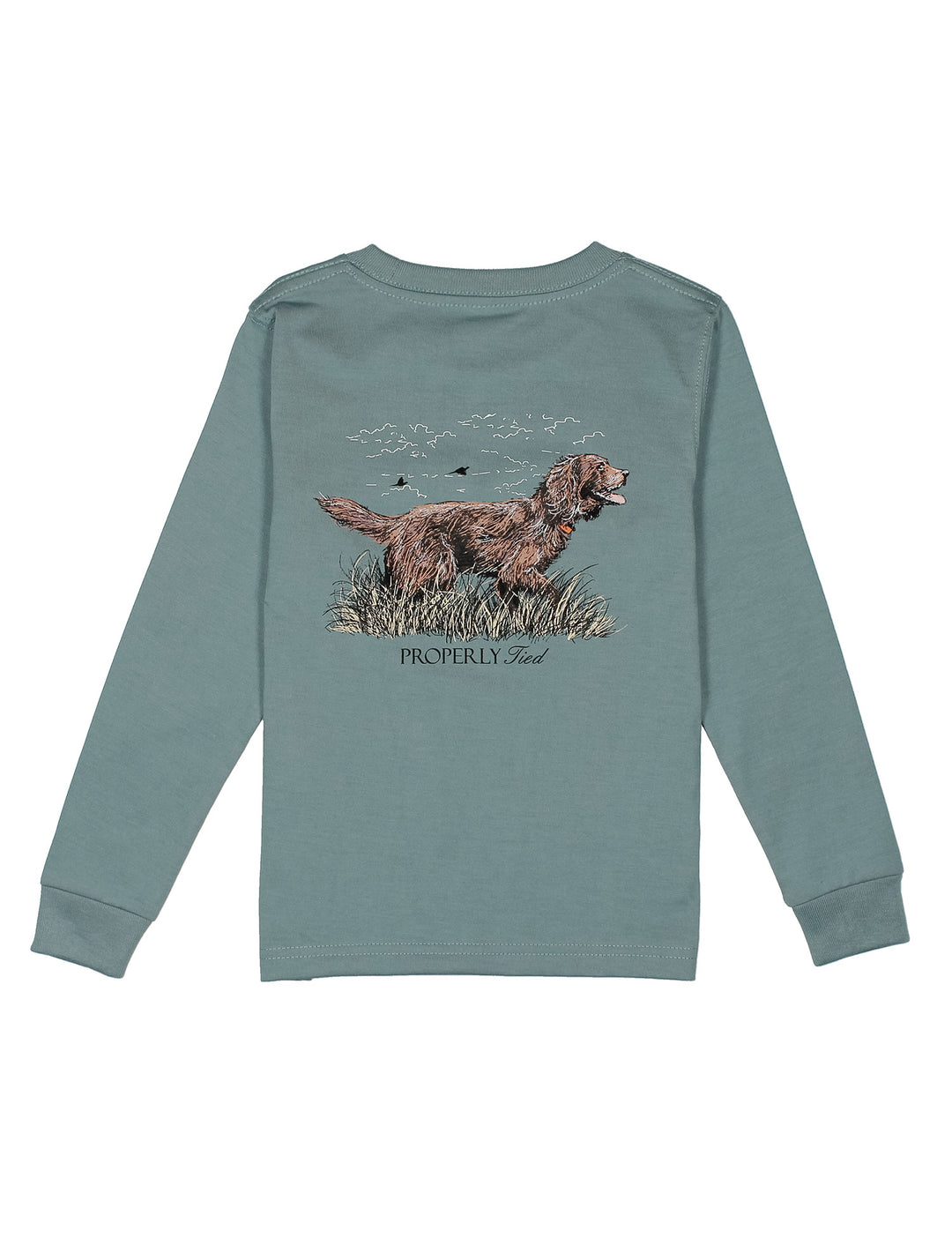 BOYS LONG SLEEVE STEEL BLUE T-SHIRT CREW NECK WITH BOYKIN DOG DRAWING ON BACK ON WHITE BACKGROUND