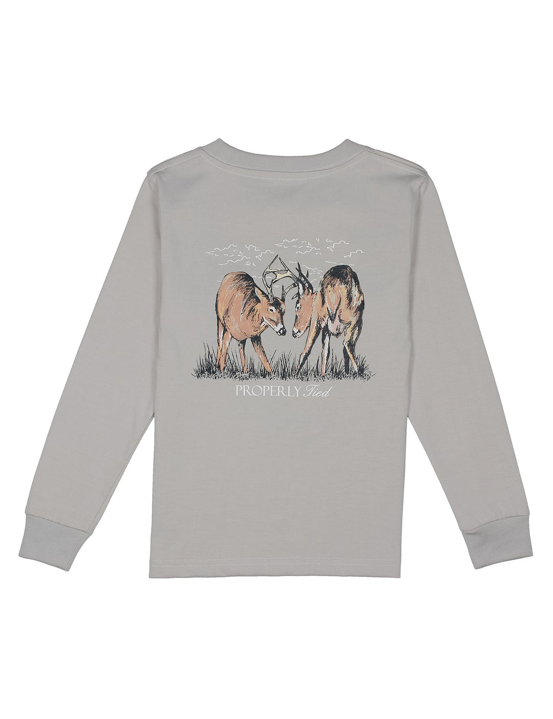 LONG SLEEVE BOYS CREW NECK T-SHIRT WITH BUCK DEER DRAWING ON BACK ON WHITE BACKGROUND 