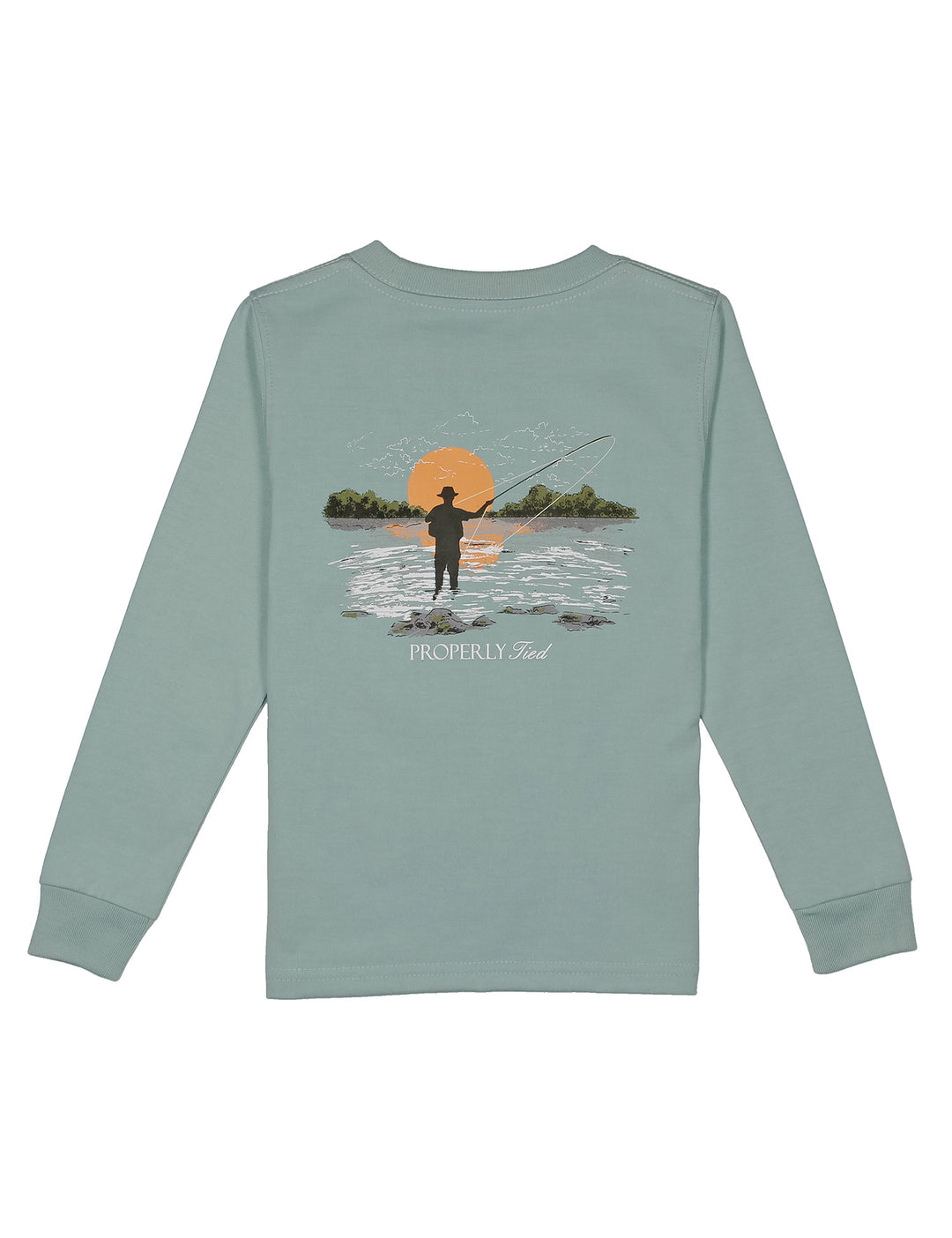 BOYS LIGHT GREEN LONG SLEEVE CREW NECK T-SHIRT WITH FISHING-inspired graphic