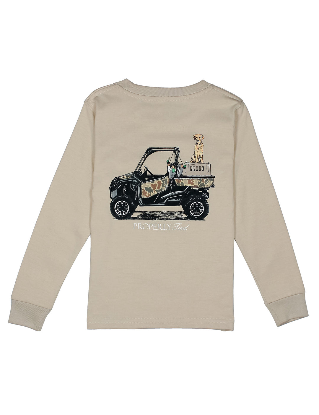 BOYS LIGHT TAN LONG SLEEVE CREW NECK T-SHIRT WITH GOLF CART AND PUPPY PAINTING ON BACK ON WHITE BACKGROUND