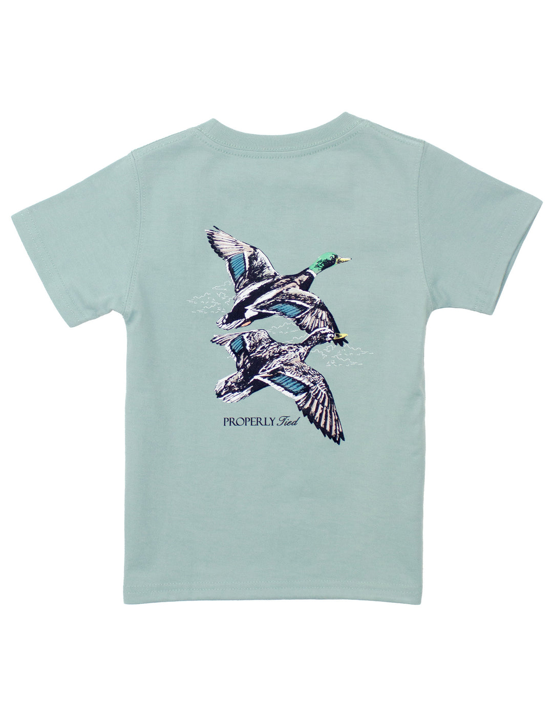Seafoam green kids t-shirt with flying mallard duck graphic and “Properly Tied” text on the back
