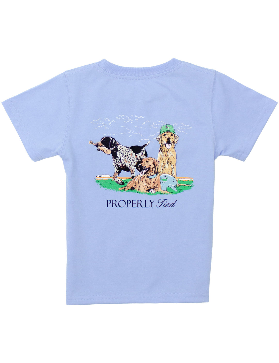 Light blue kids t-shirt with hunting dog graphic featuring three sporting dogs and “Properly Tied” text on the back