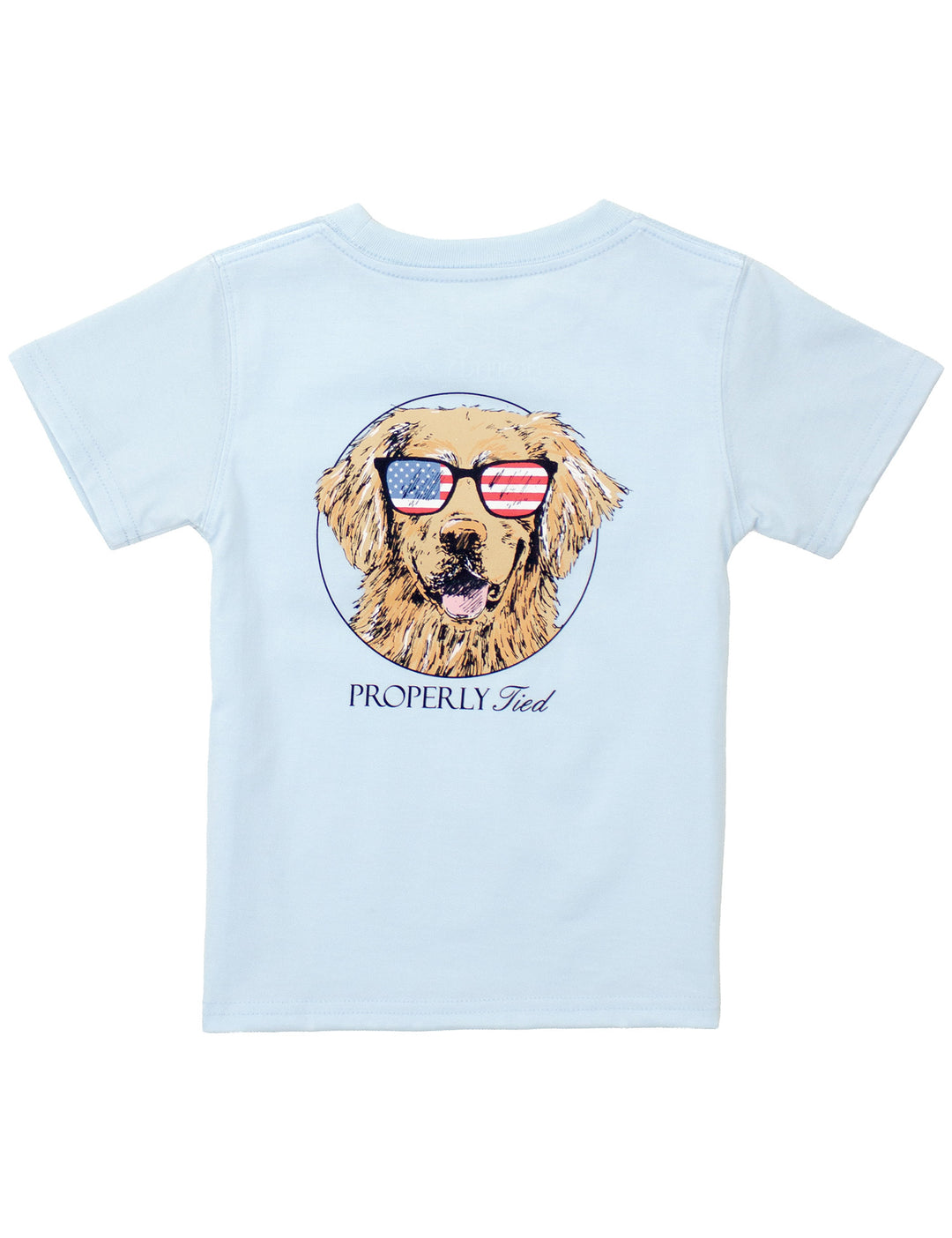 BOYS PERIWINKLE SHORT SLEEVE T-SHIRT WITH GOLDEN RETRIEVER DOG WEARING PATRIOTIC SUNGLASSES ON BACK