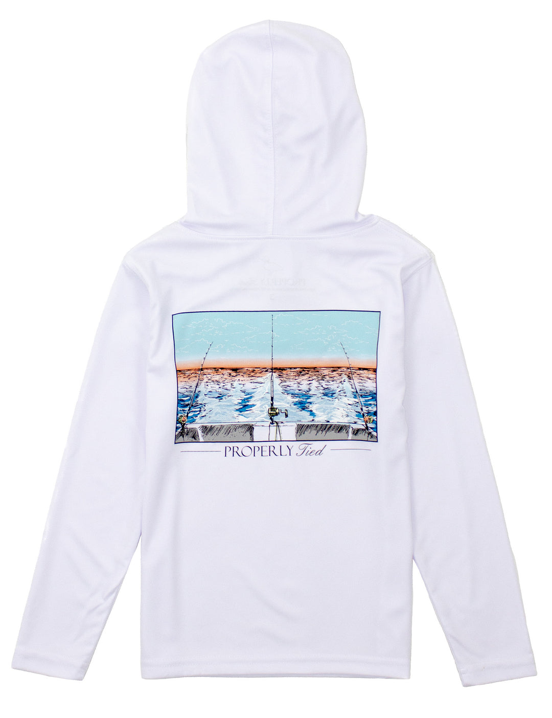 WHITE LONG SLEEVE BOYS HOODIE WITH OCEAN FISHING SCENE WATERCOLOR IMAGE ON BACK