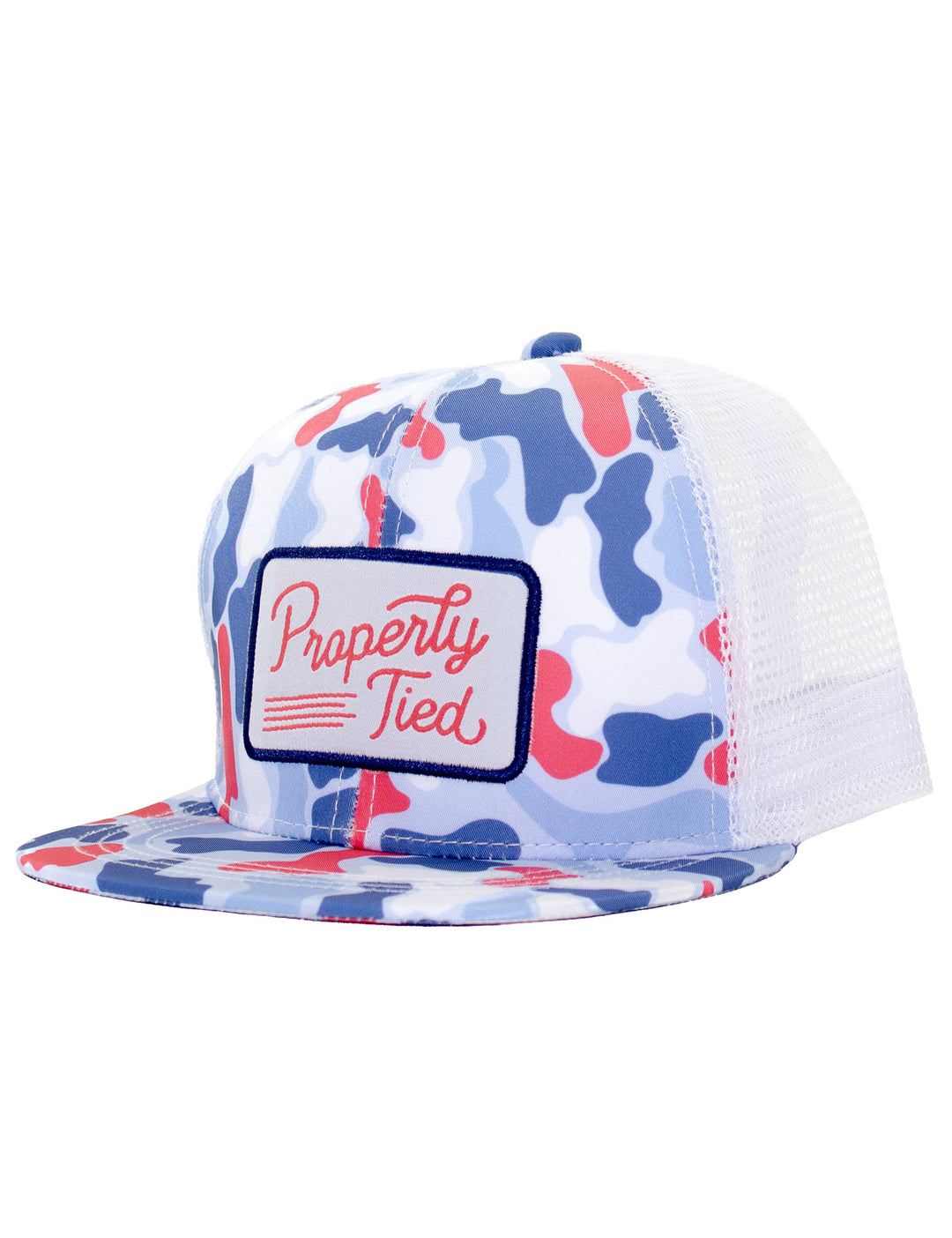 RED WHITE AND BLUE CAMO TRUCKER HAT WITH PROPERLY TIED LOGO N FRONT