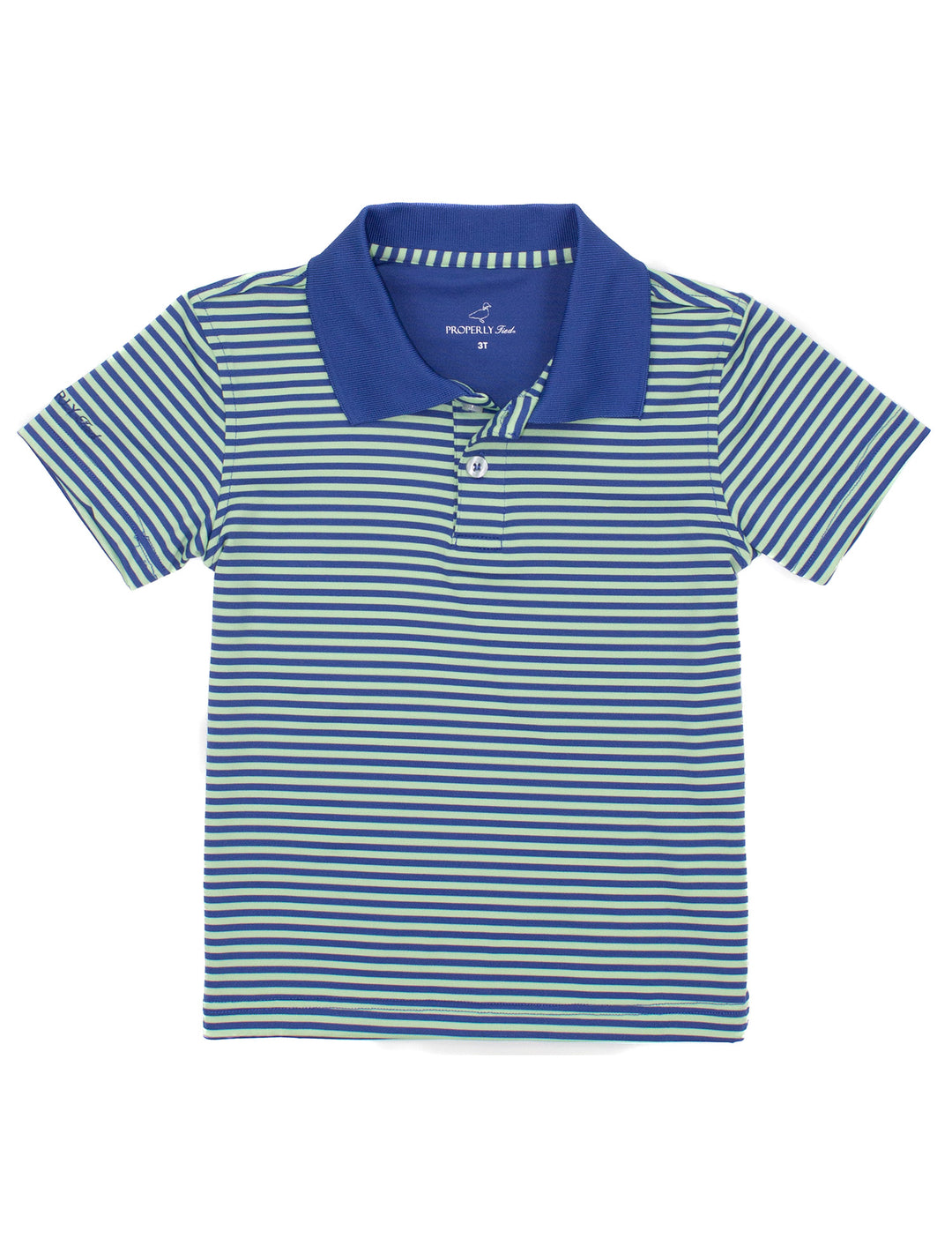 NAVY AND WHITE STRIPED POLO WITH NAVY COLLAR ON WHITE BACKGROUND