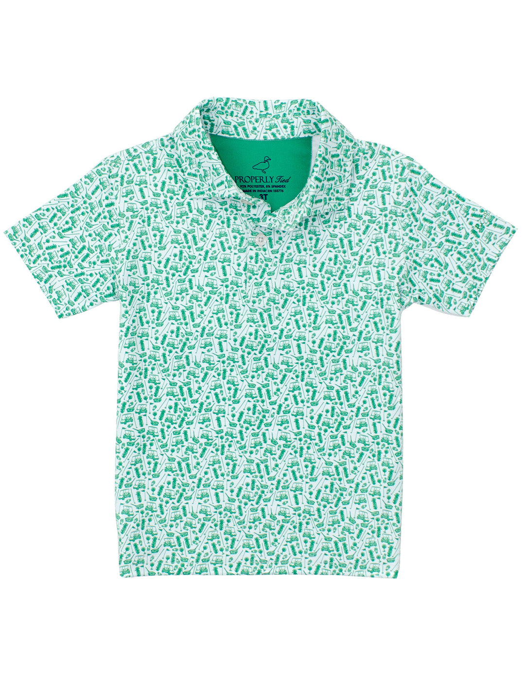 GREEN AND WHITE GOLF THEMED LITTLE BOYS POLO ON WHITE BACKGROUND