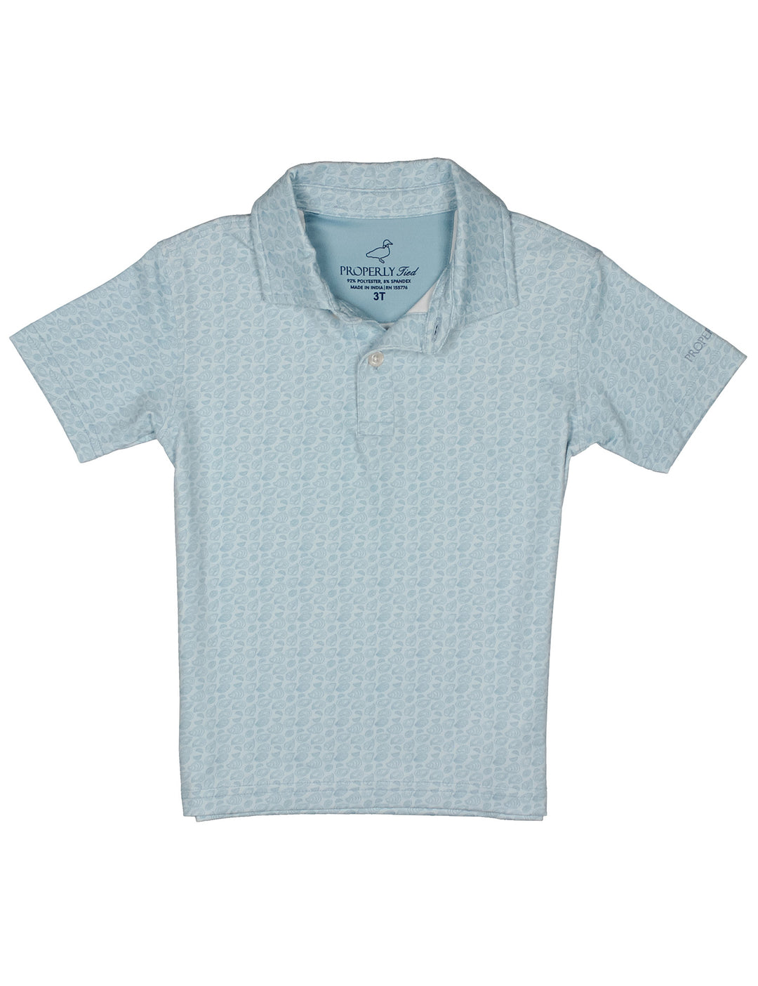 BOYS LIGHT GREY POLO WITH OYSTER PATTERN ALL OVER ON WHITE BACKGROUND