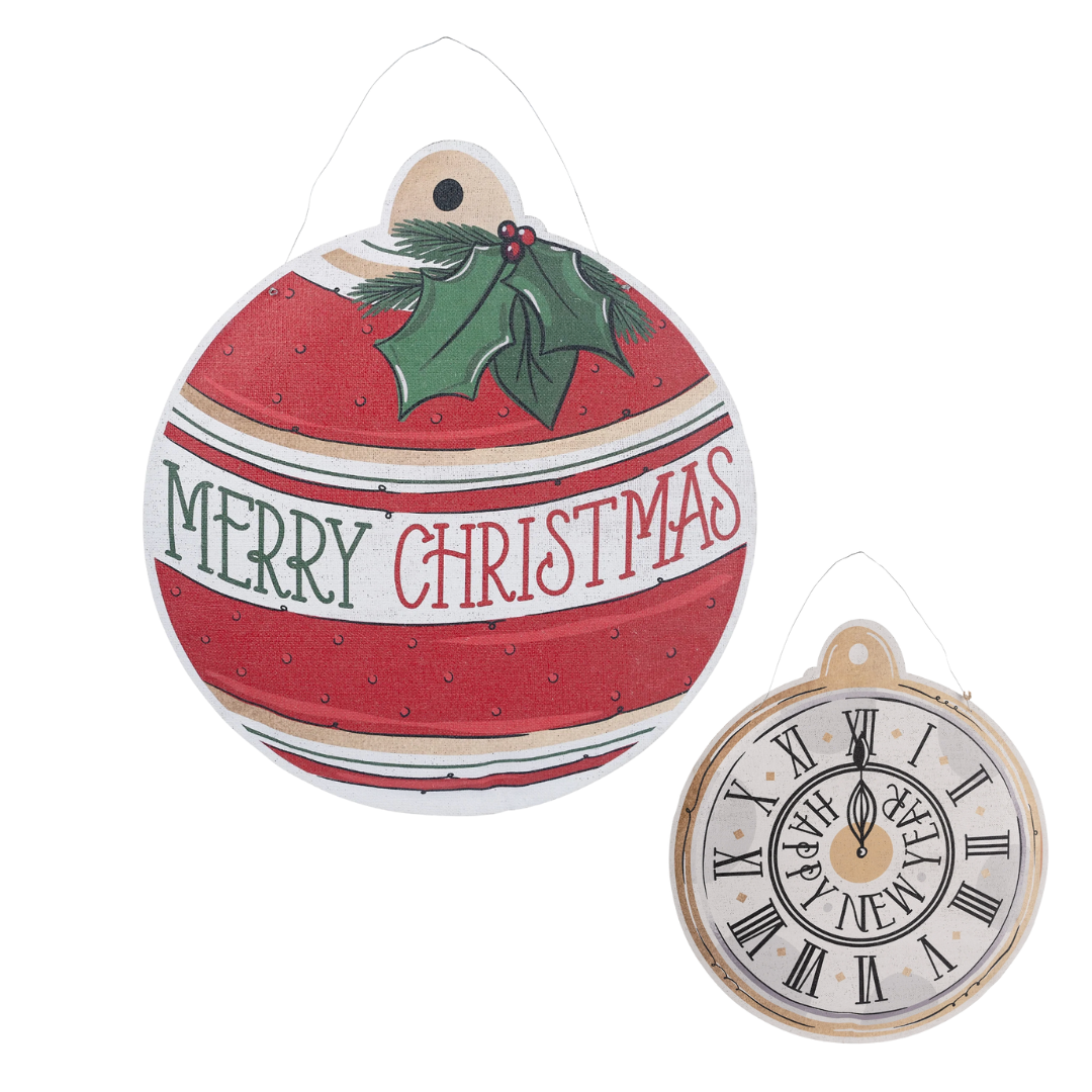 Two Christmas-themed burlees: a red ball with 'Merry Christmas' text and a clock face design.