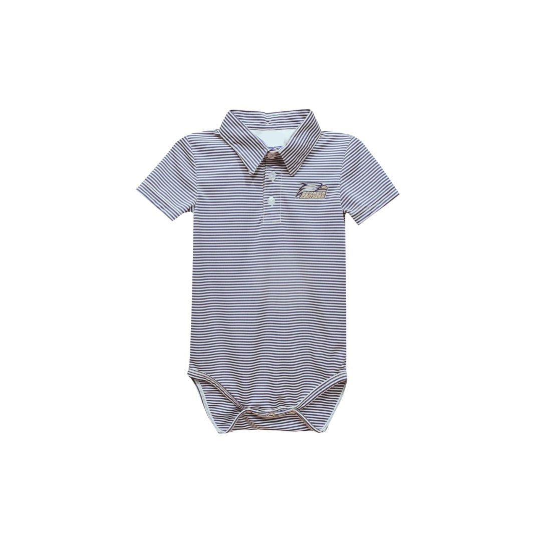 GSU Eagles Embroidered Grey Stripe Knit Polo Bodysuit – Baby Boy Polo with Georgia Southern Eagle Logo | Walker Boutique
