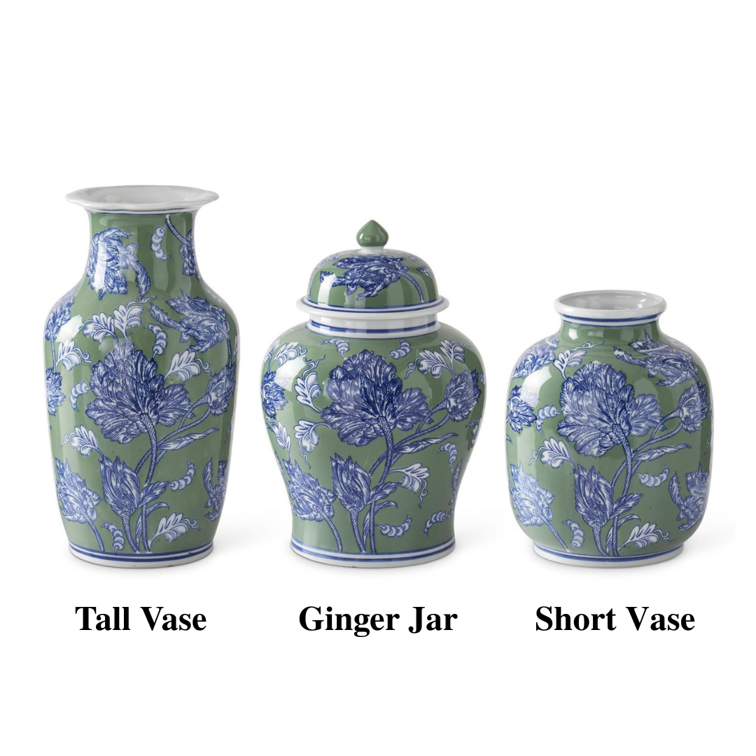 BLUE GREEN & WHITE FLORAL CERAMIC VASE