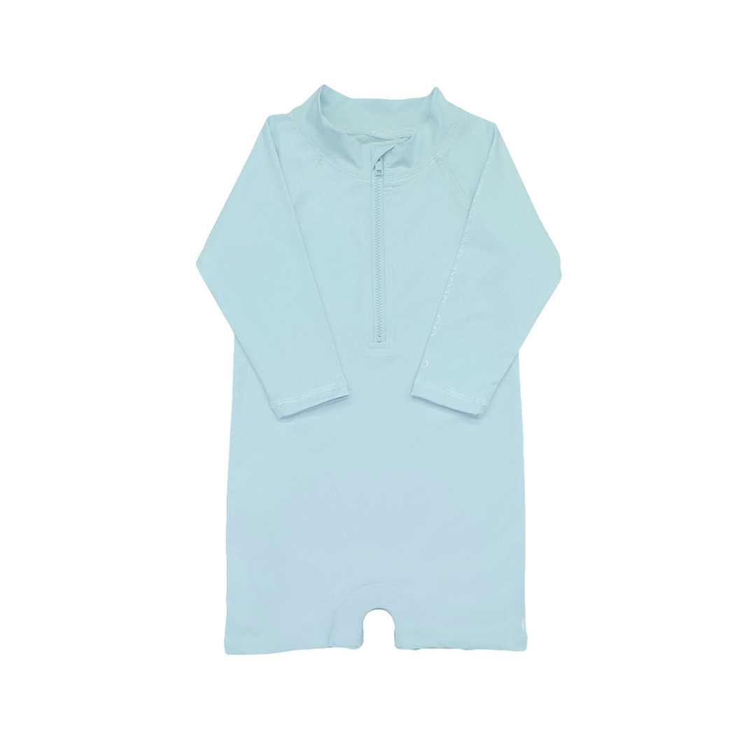 Light blue baby romper with long sleeves on a white background