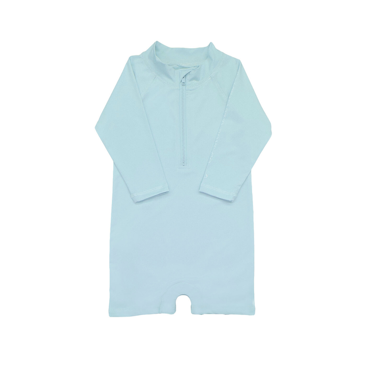 Light blue baby romper with long sleeves on a white background