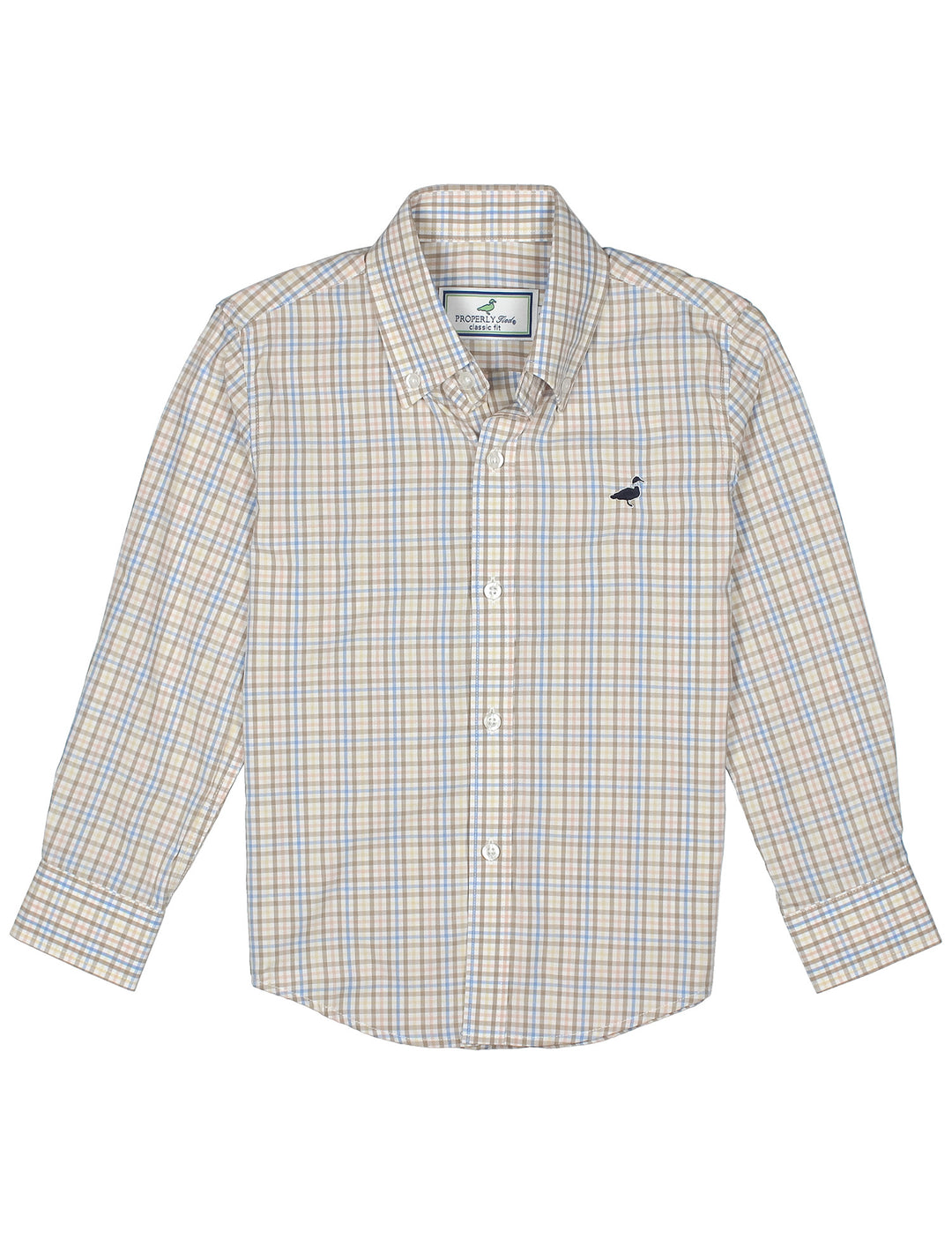BOYS LONG SLEEVE BUTTON DOWN WITH BROWN AND YELLOW PLAID ON WHITE BACKGROUND
