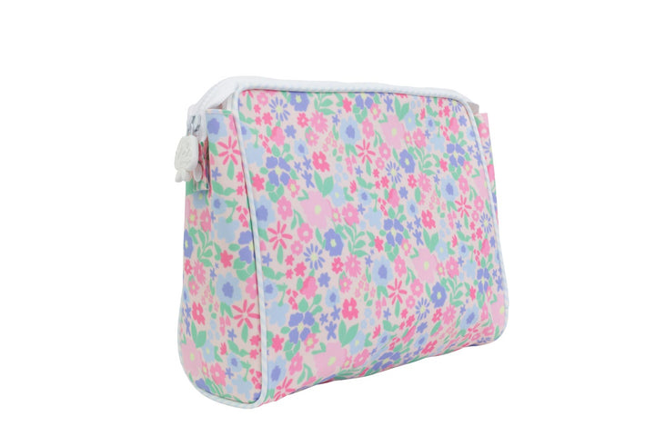 WHITE TOILETRY BAG WITH PINK, GREEN, PURPLE AND BLUE FLORAL PRINT ALL OVER ON WHITE BACKGROUND