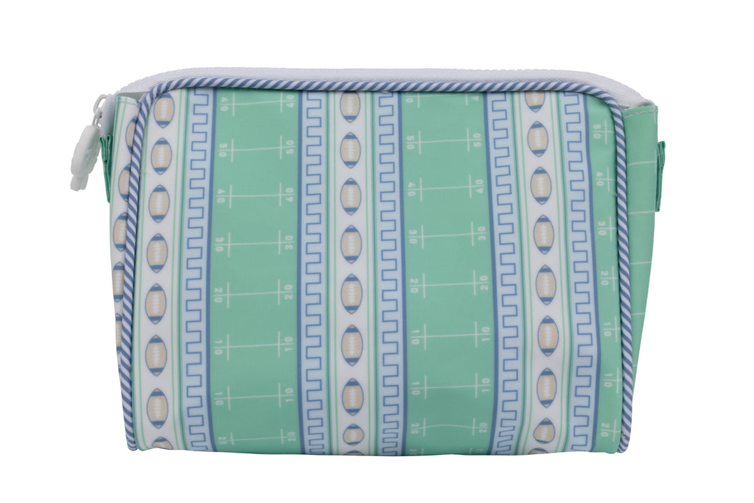TOILETRY BAG WITH GREEN FOOTBALL FIELD AND GOOBALL STRIPES ON WHITE BACKGROUND