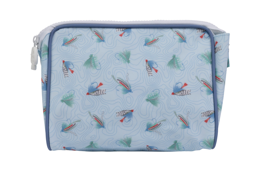 BLUE TOILETRY BAG WITH FLY FISHING FLIES PRINTED ALL OVER ON WHITE BACKGROUND