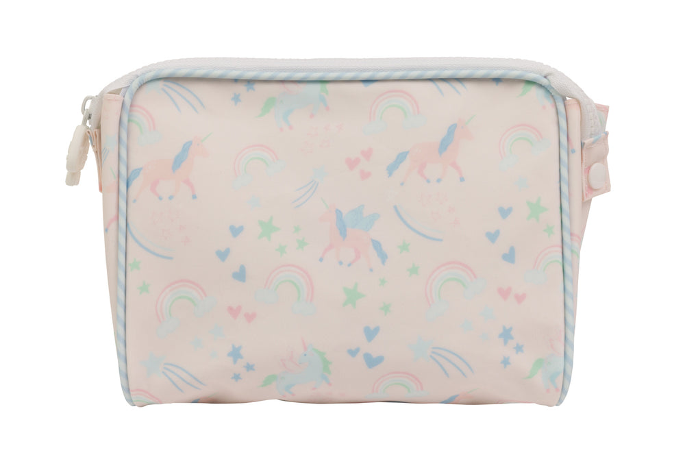 LIGHT PINK TOILETRY BAG WITH UNICORNS AND RAINBOWS ALL OVER ON WHITE BACKGROUND