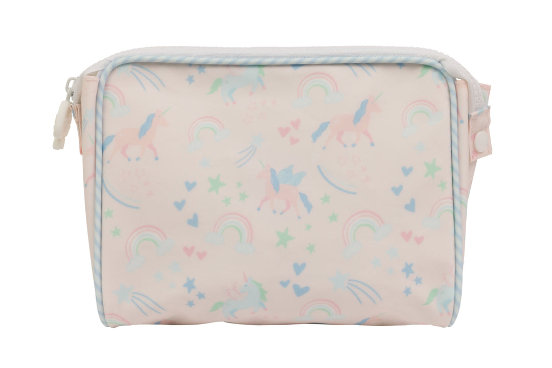 LIGHT PINK TOILETRY BAG WITH UNICORNS AND RAINBOWS ALL OVER ON WHITE BACKGROUND