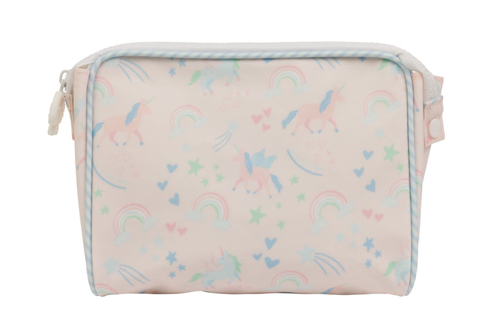 LIGHT PINK TOILETRY BAG WITH UNICORNS AND RAINBOWS ALL OVER ON WHITE BACKGROUND