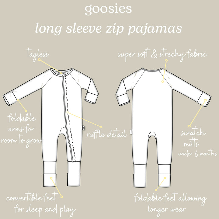 A product information graphic showing front and back line drawings of white long-sleeve zip pajamas with handwritten callouts and labels on a light beige background.