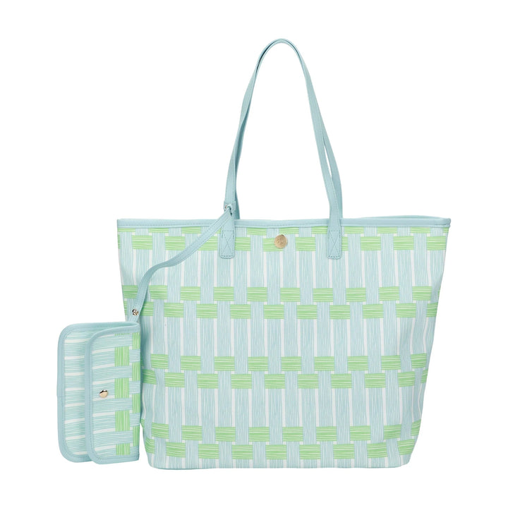 BLUE LATTICE OVERSIZED TOTE BAG WITH WALLET