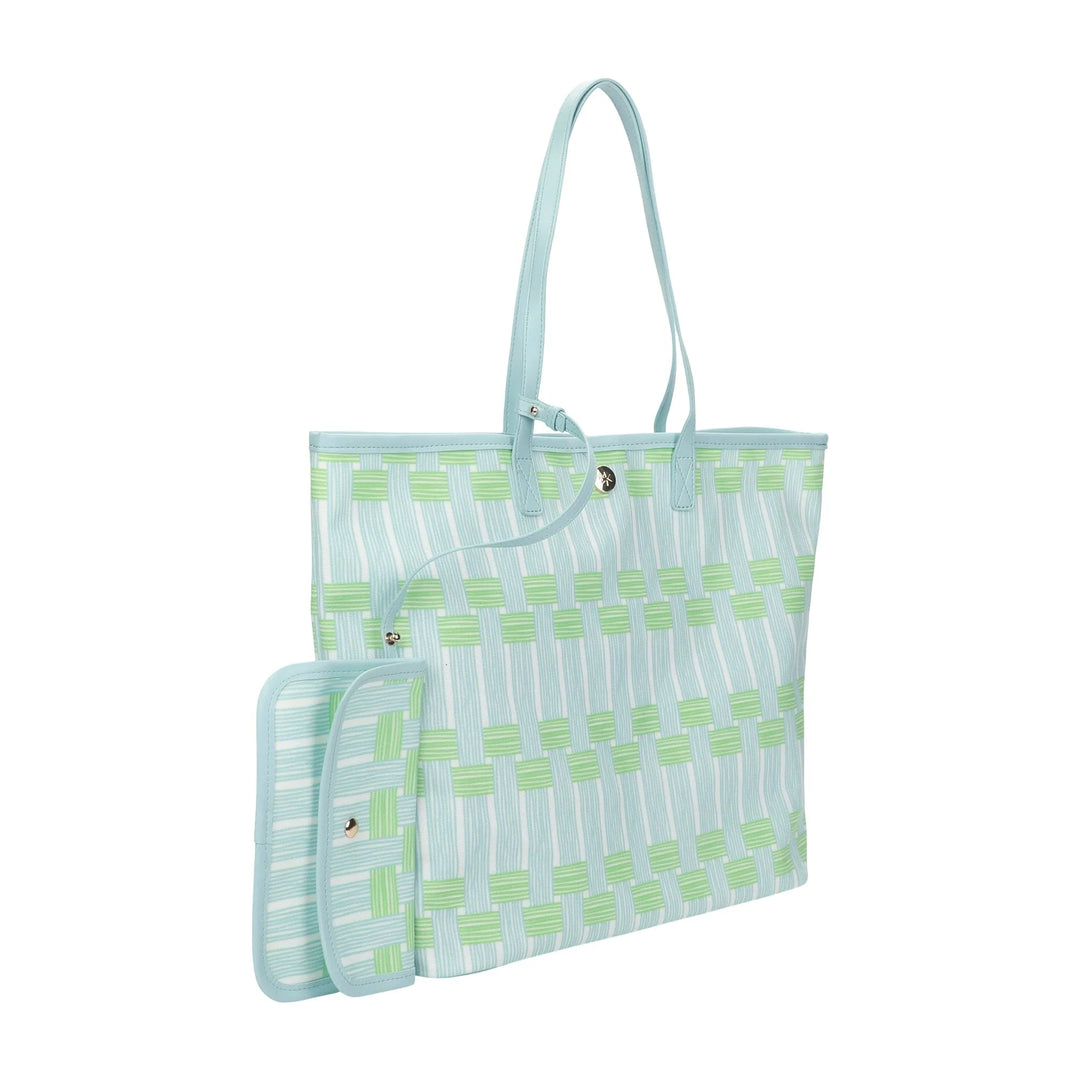 BLUE LATTICE OVERSIZED TOTE BAG WITH WALLET