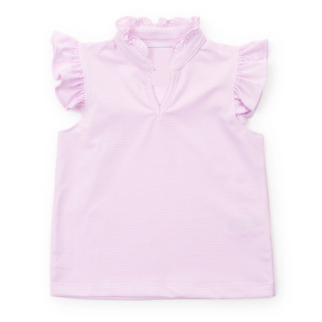 Light pink sleeveless top with ruffled shoulders on a white background