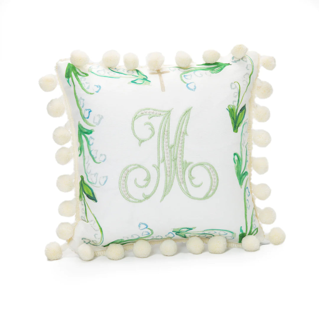 CUSTOM MONOGRAM LILY OF THE VALLEY WITH CROSS PILLOW WITH POMPOM TRIM