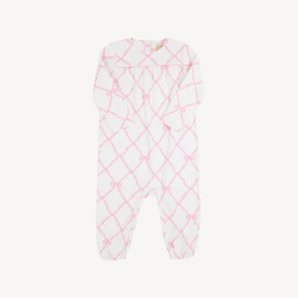 Baby onesie with pink lattice pattern on a white background