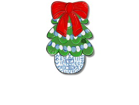 Decorative Christmas tree mini attachment with a red bow on a white background