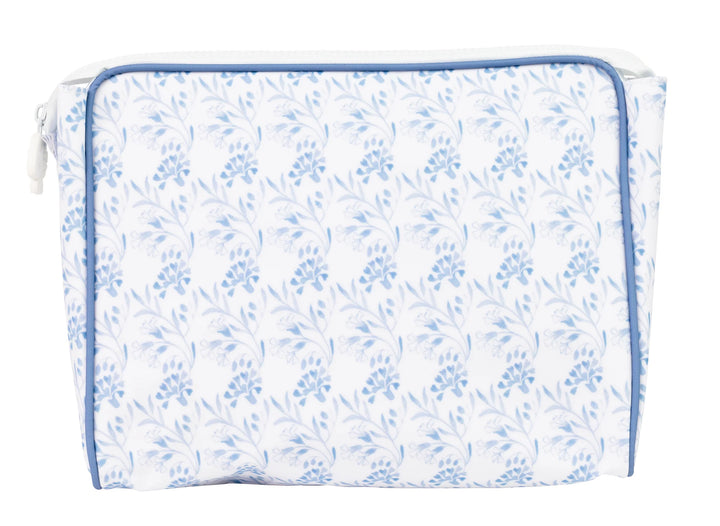 LARGE TOILETRY BAG WITH NAVY FLORAL PRINT ALL OVER WHITE BACKGROUND 