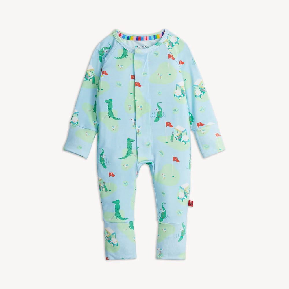 A baby long-sleeve footless one-piece sleeper in light blue, featuring an all-over print of green alligators on a golf course. 