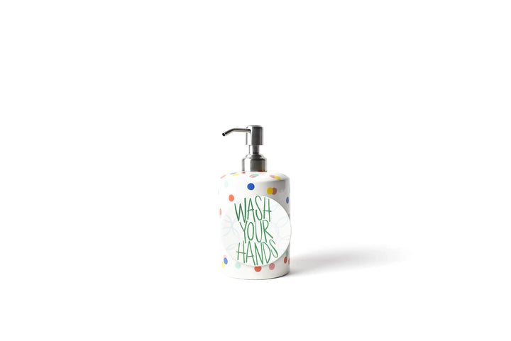 White ceramic soap dispenser with colorful text on a white background
