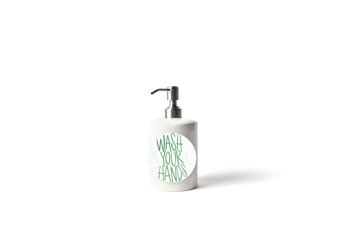 White soap dispenser with 'Wash Your Hands' text on a white background