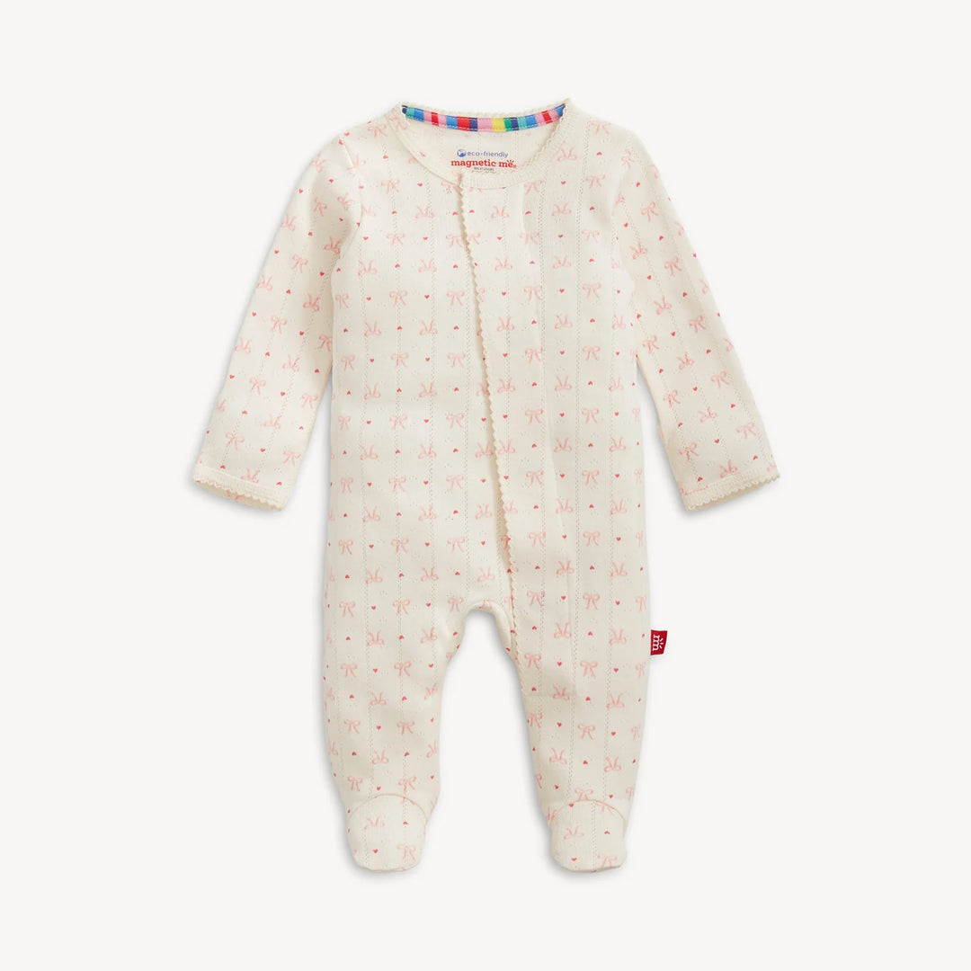 Heart & Bow Pointelle Magnetic Footie by Magnetic Me - Organic Cotton Baby Girl Sleeper - Walker Boutique